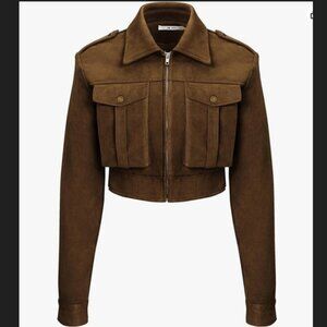 NWT JW PEI Women's Adeline Faux Suede Jacket, Cropped Bomber, Brown, Size 8